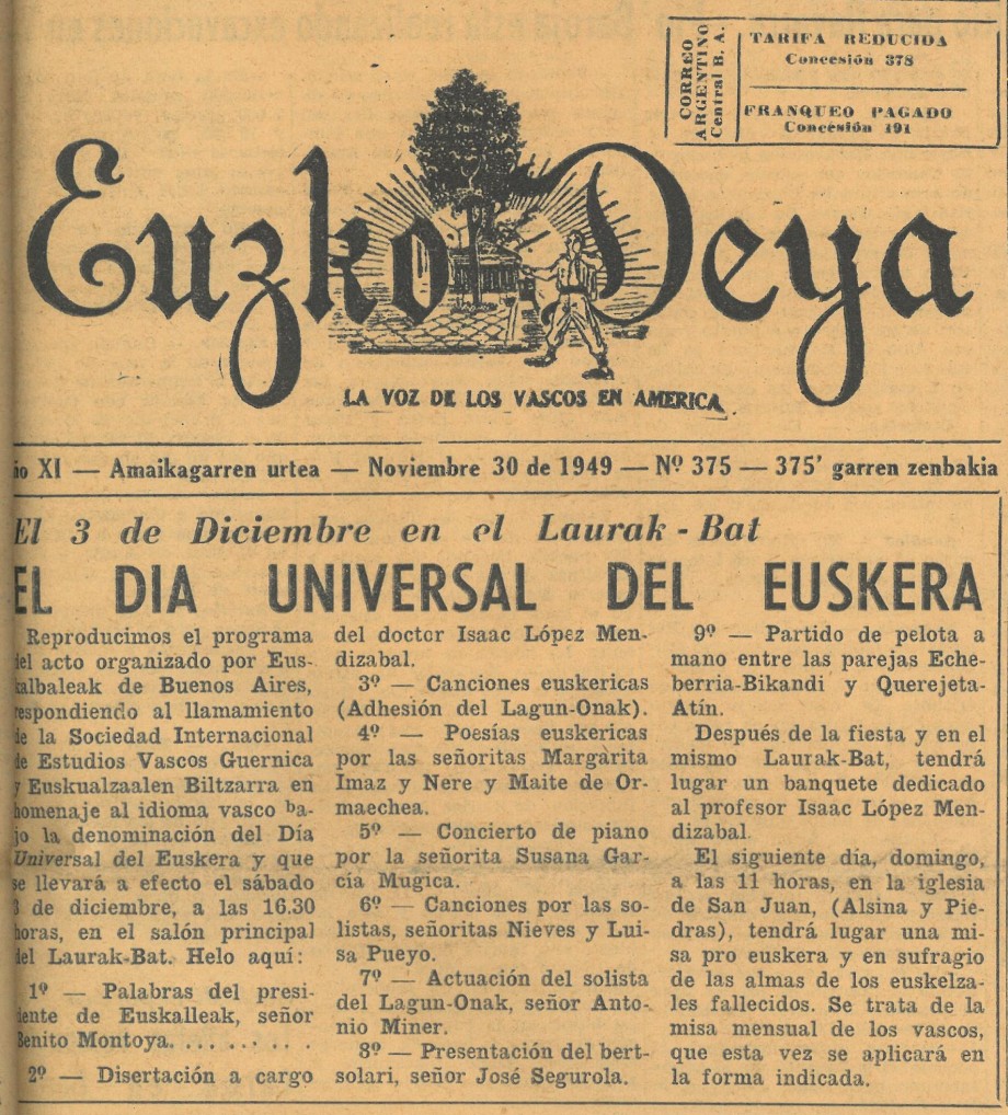 Convocatoria del Eusko Deya “La Voz de los vascos en América”  a la celebración del Primer Día Internacional del Euskera (1949). 