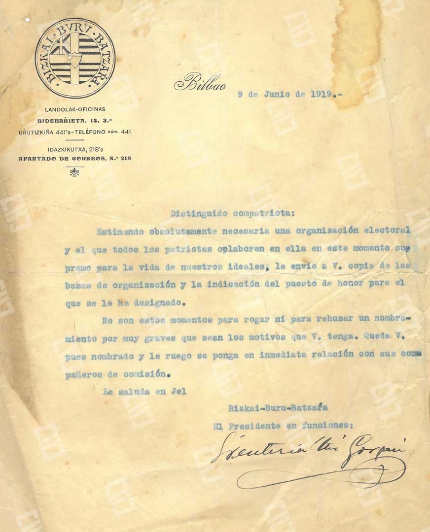 Gure agiritegian gordetako dokumentu baten irudia, 1919ko ekainaren 9an, EAJ-PNV alderdiaren BBBko presidente Gorgonio Renteriak sinatutakoa.