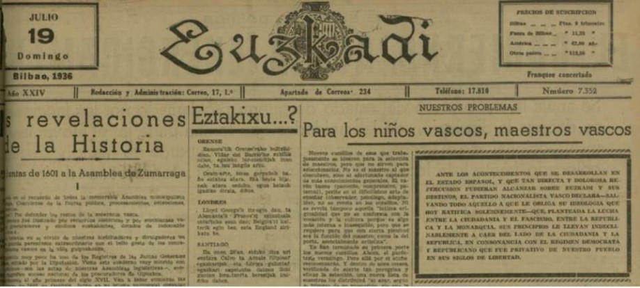 1936ko uztailaren 19ko Euzkadi egunkaria.