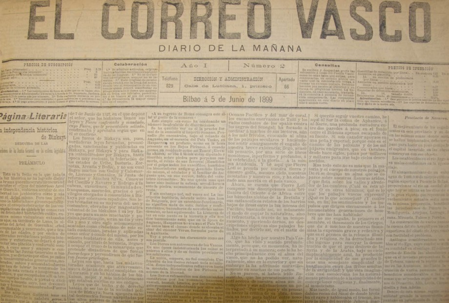 Ejemplar de uno de los primeros números, concretamente el nº 2, de El Correo Vasco.  